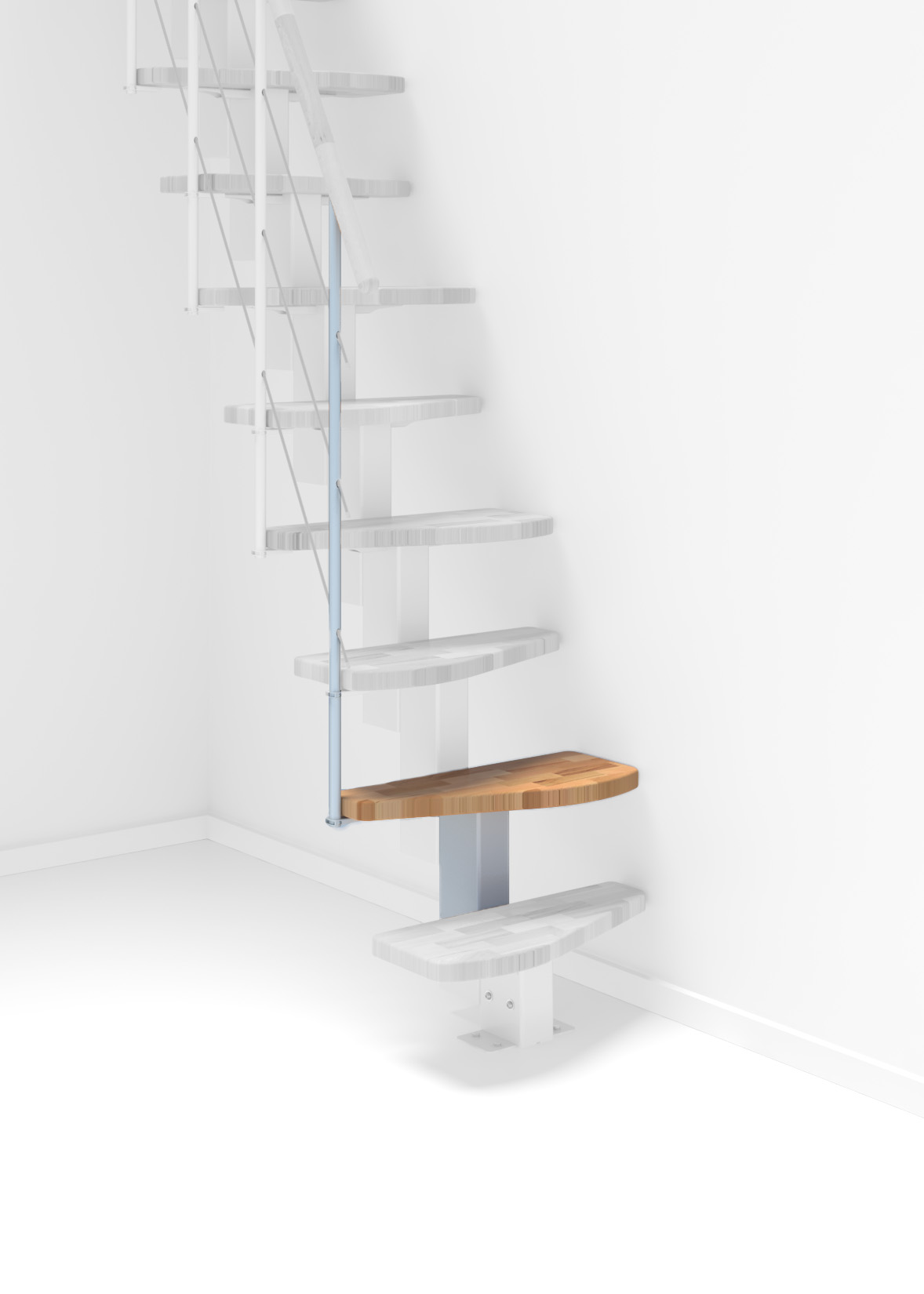 Height extension for the Quatro staircase with beech steps and white metal. Shown is a detail of the additional step, the railing bars, and the handrail.