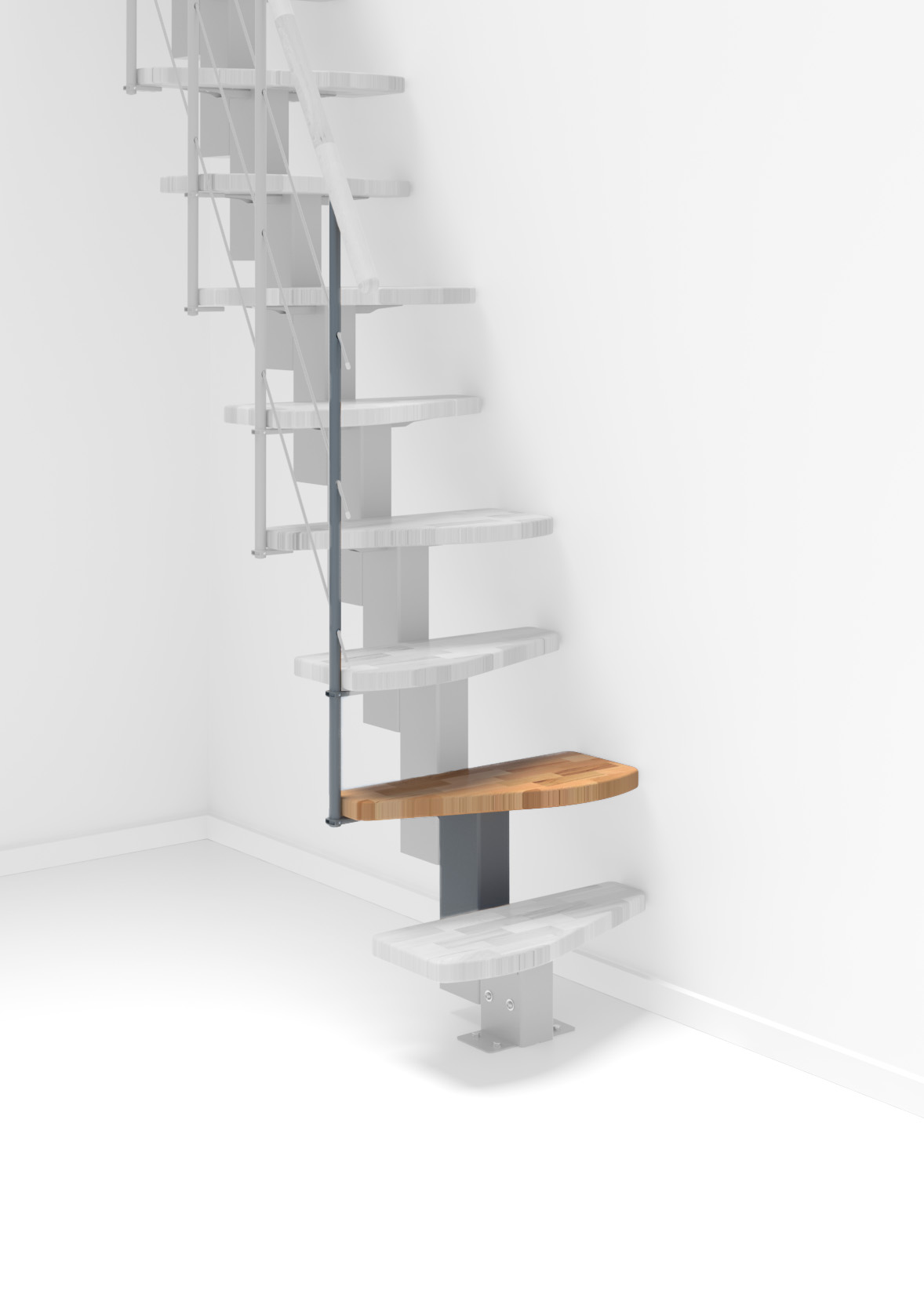 Height extension for the Quatro staircase with beech steps and grey metal. Shown is a detail of the additional step, the railing bars, and the handrail.
