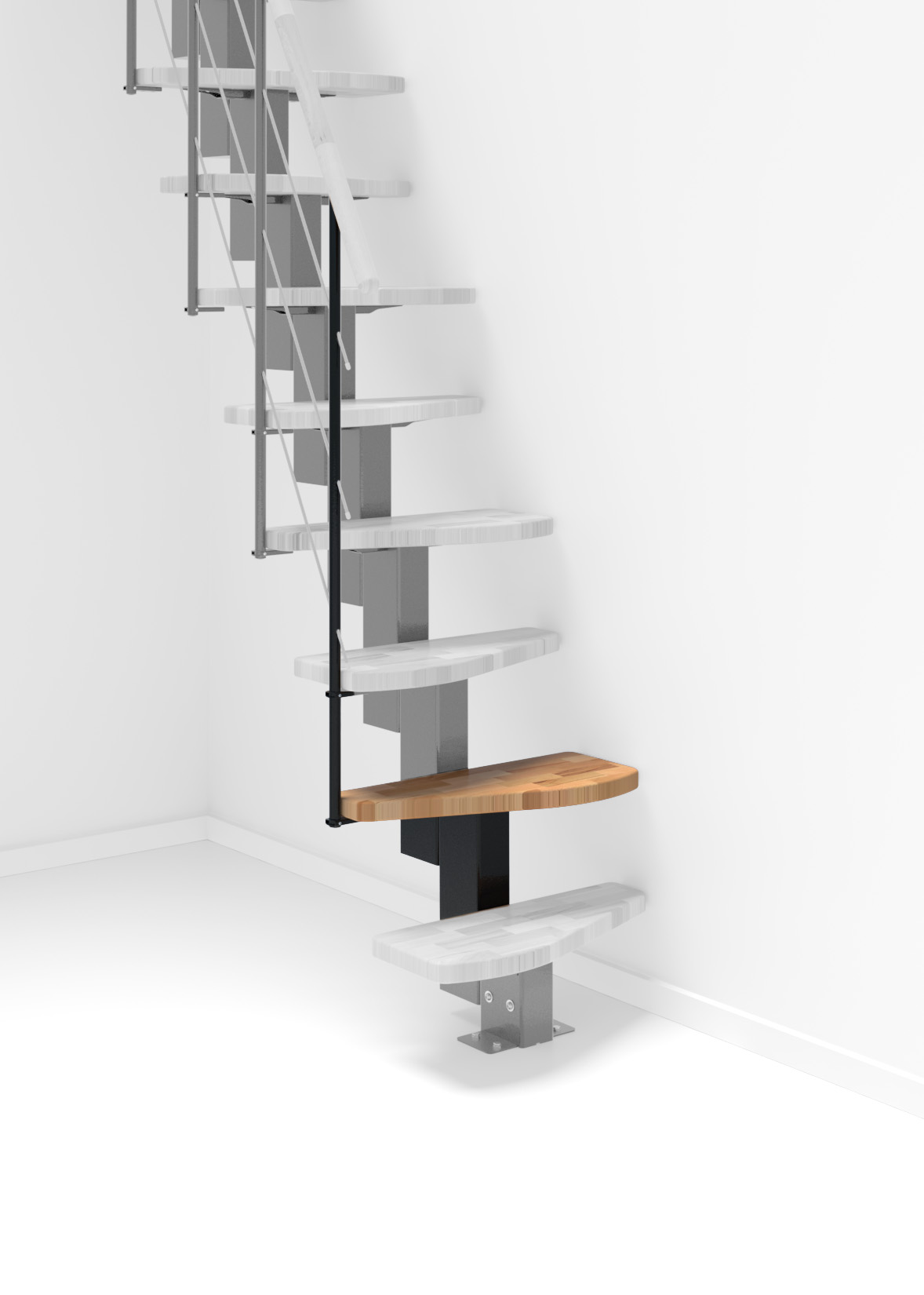 Height extension for the Quatro staircase with beech steps and black metal. Shown is a detail of the additional step, the railing bars, and the handrail.