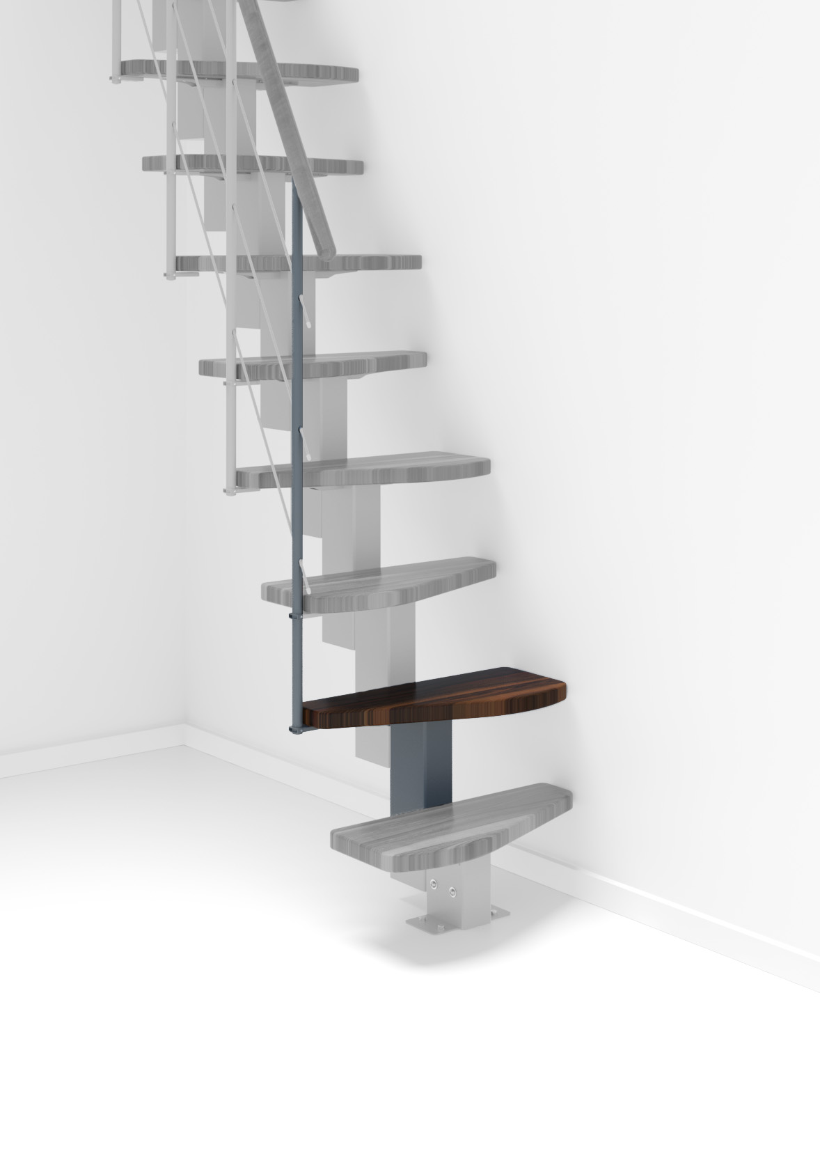 Height extension for the Quatro staircase with walnut steps and grey metal. Shown is a detail of the additional step, the railing bars, and the handrail.