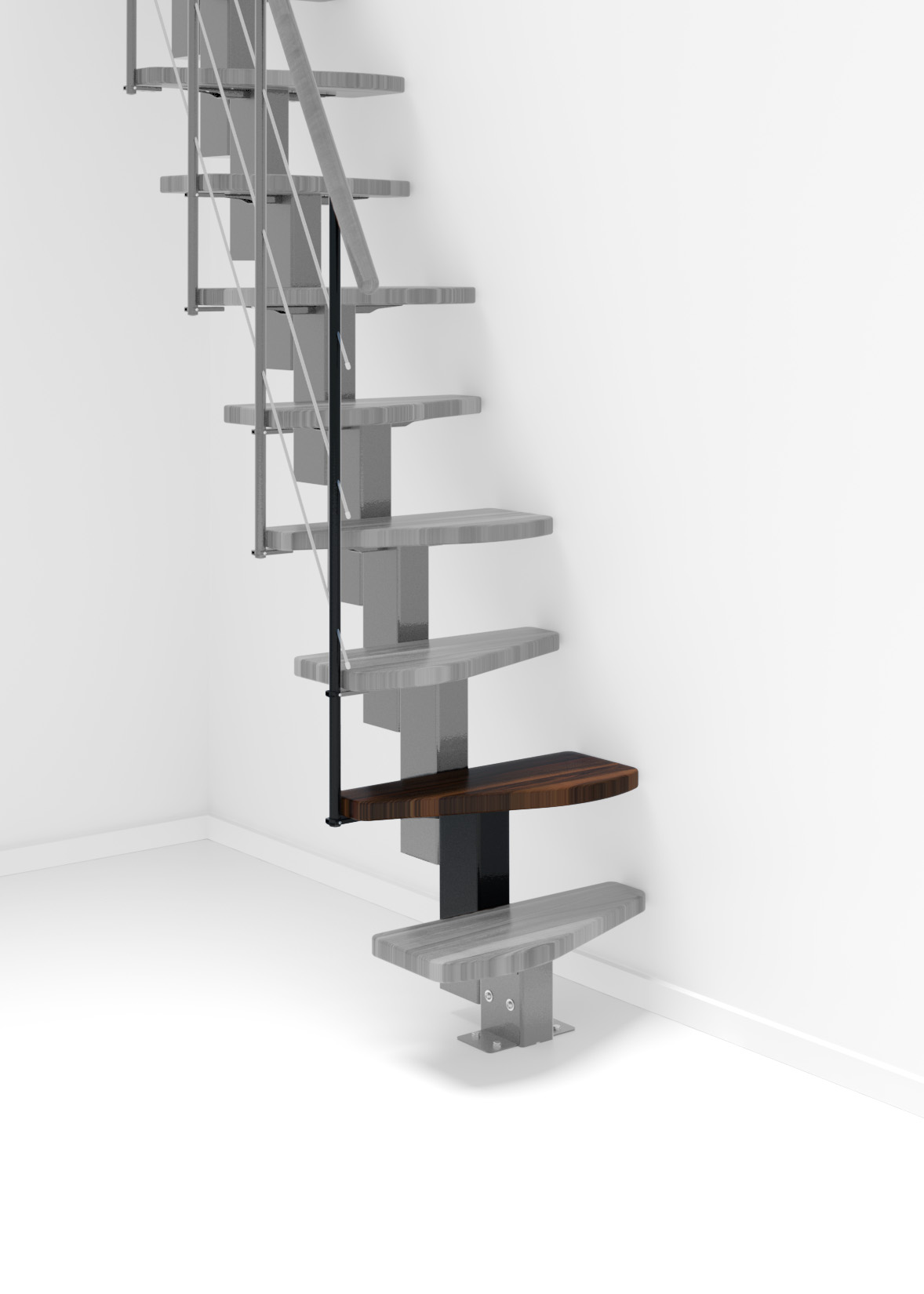Height extension for the Quatro staircase with walnut steps and black metal. Shown is a detail of the additional step, the railing bars, and the handrail.