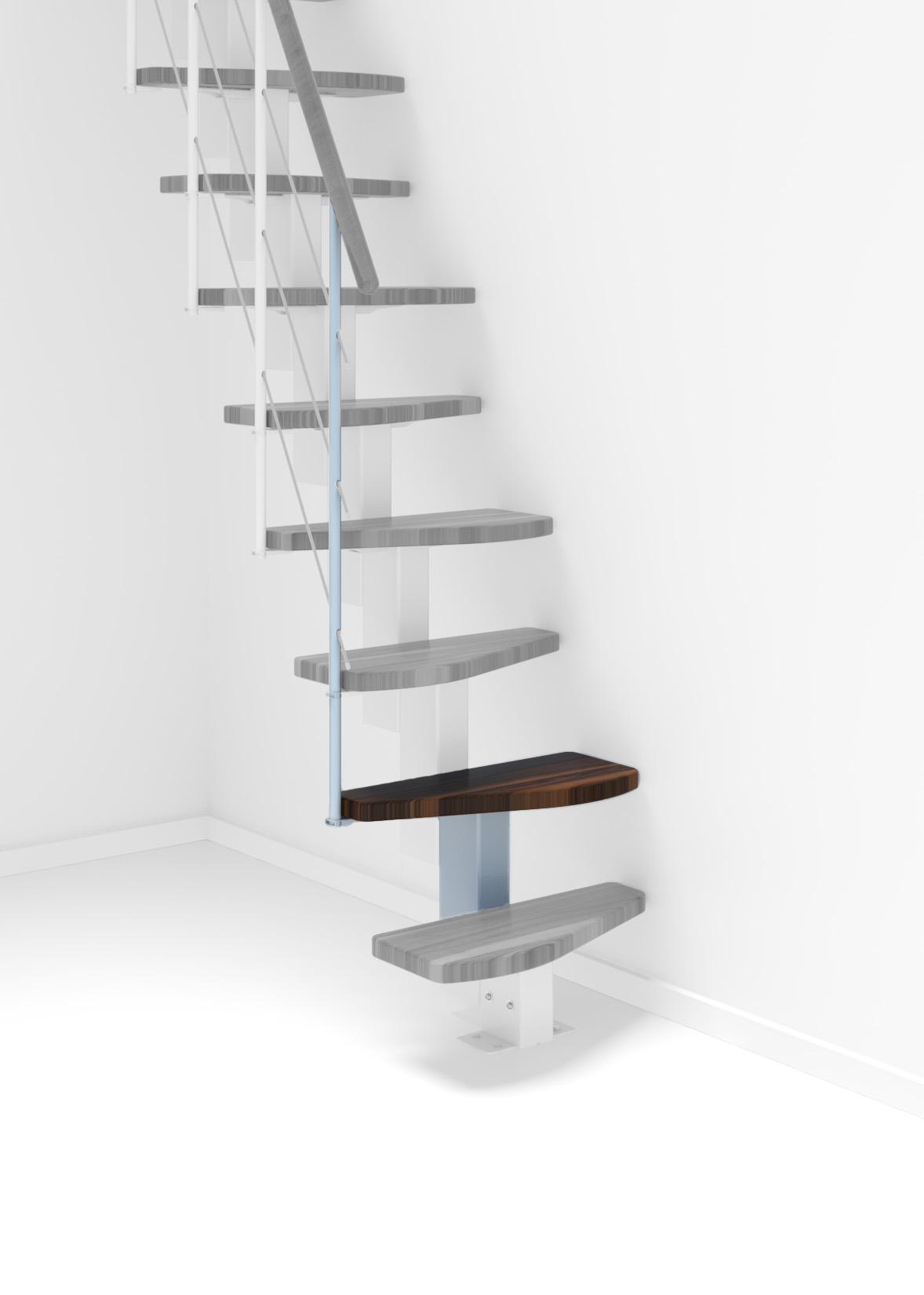 Height extension for the Quatro staircase with walnut steps and white metal. Shown is a detail of the additional step, the railing bars, and the handrail.