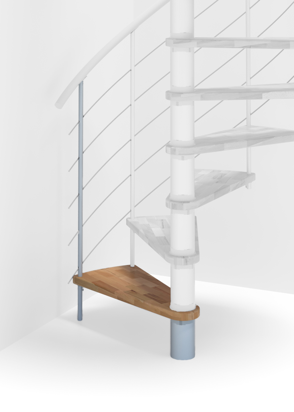 Height extension for the spiral staircase Venezia Smart with steps in beech and white metal. A detail of the additional step and the balusters is shown.