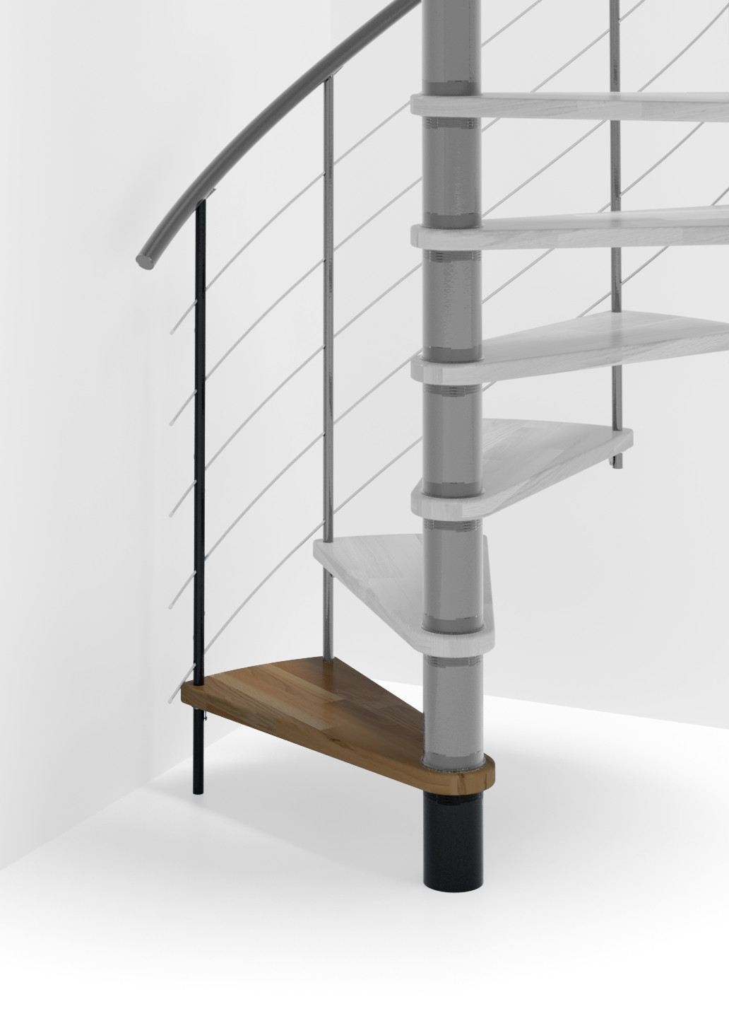 Height extension for the spiral staircase Venezia Smart with steps in oak and black metal. A detail of the additional step and the balusters is shown.
