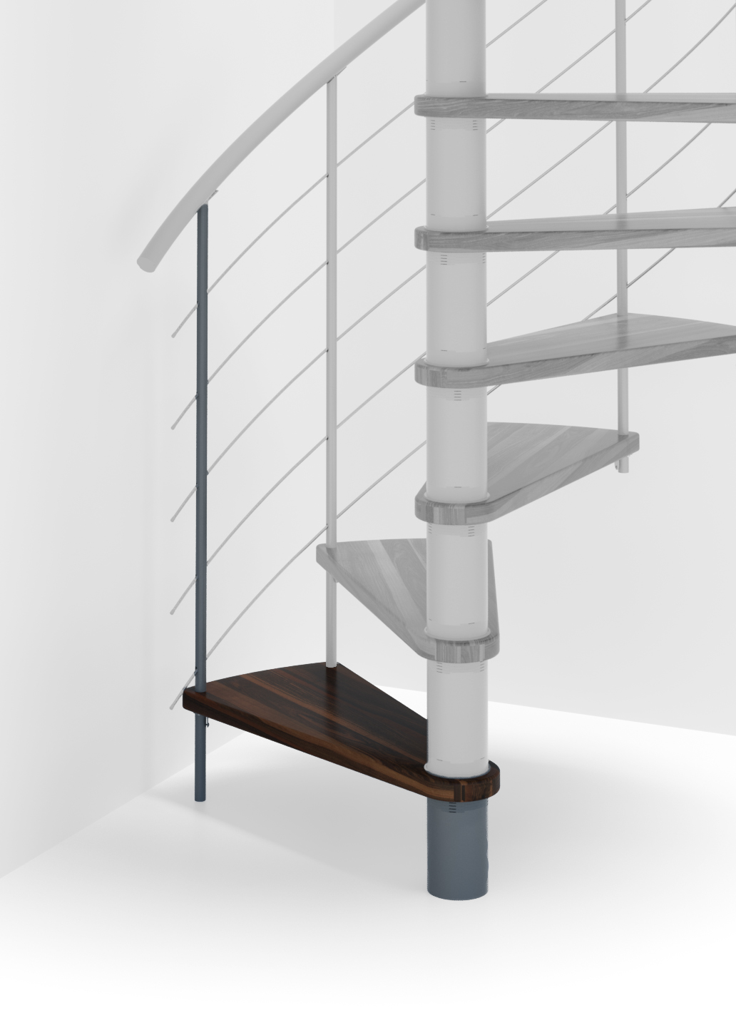 Height extension for the spiral staircase Venezia Smart with steps in beech stained to walnut and grey metal. A detail of the additional step and the balusters is shown.