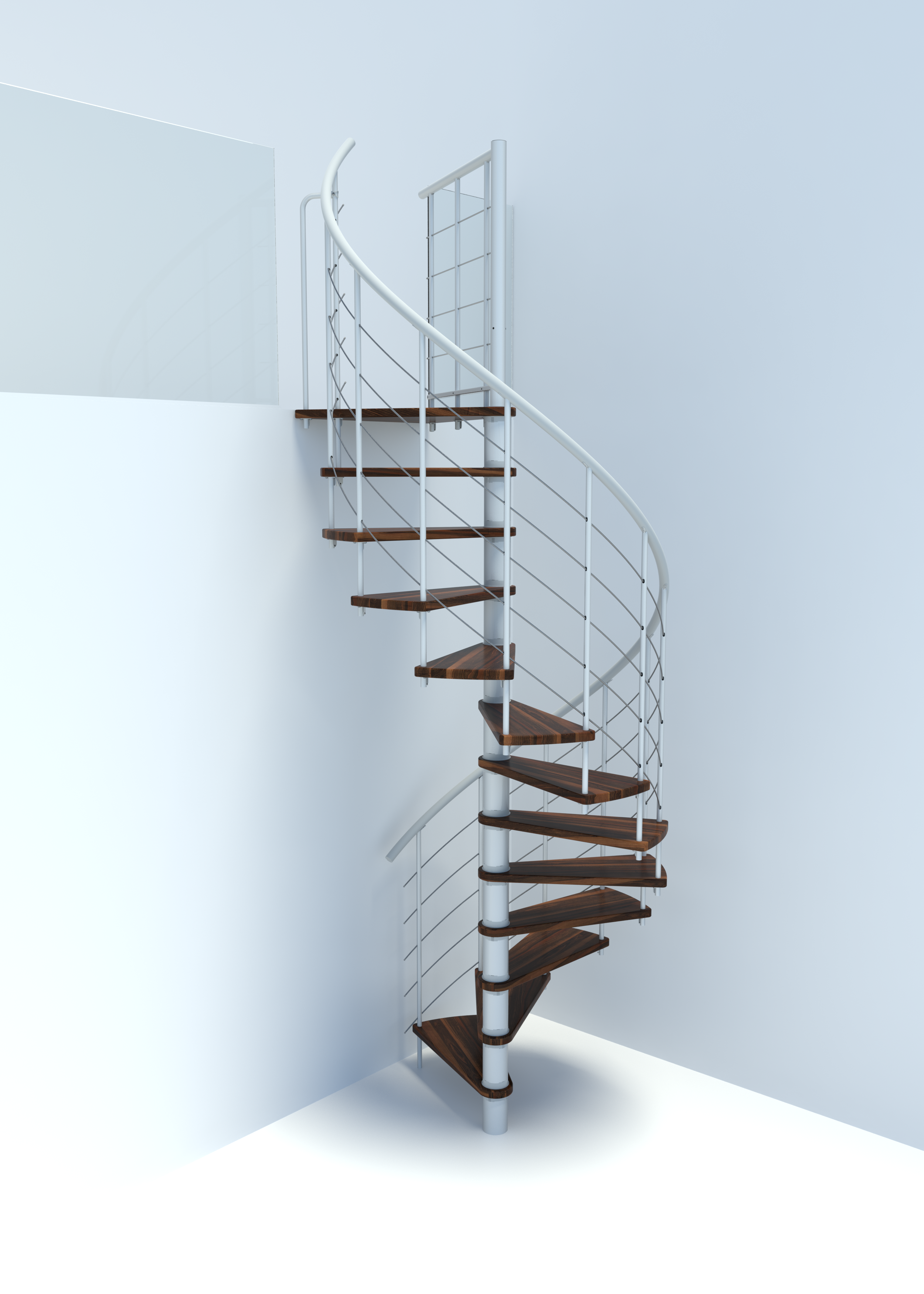 Spiral staircase Venezia Smart with steps in beech stained to walnut and white metal banister with five horizontal stainless steel bottom rails and PVC handrail.