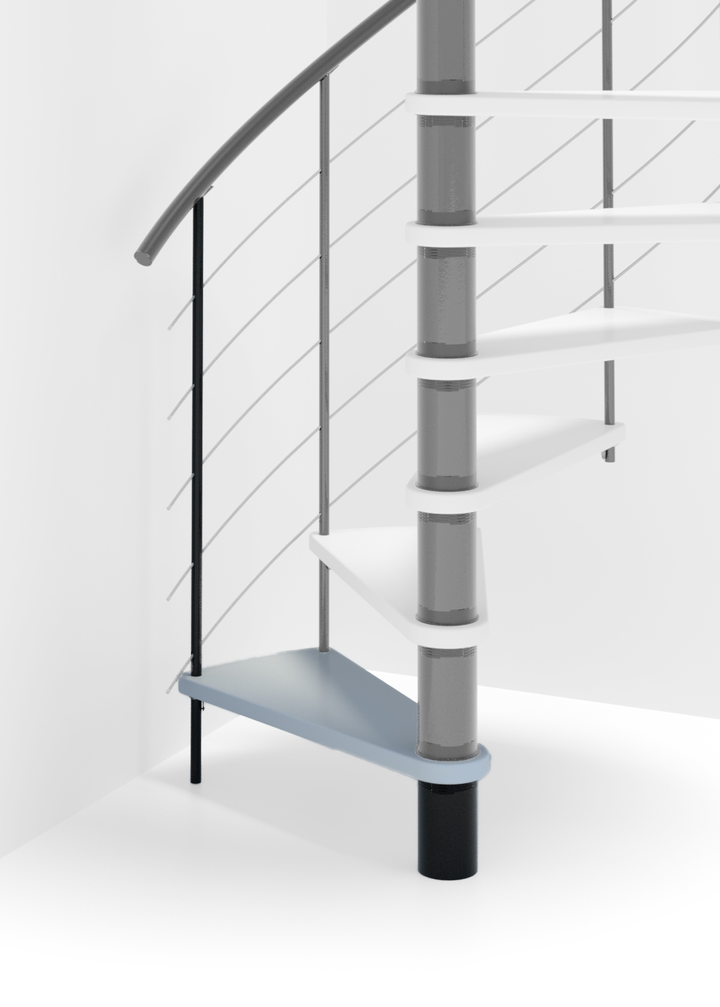 Height extension for the spiral staircase Venezia Smart with steps in beech stained white and black metal. A detail of the additional step and the balusters is shown.