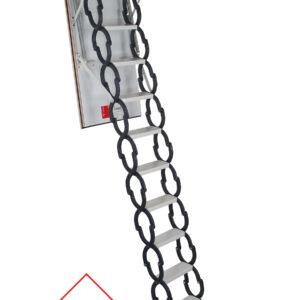Elegance attic ladder with retractable scissor mechanism made of metal and a white hatch cover. The ladder offers a thermal insulation value of 1.1 W/m²K and combines functionality with a space-saving design.