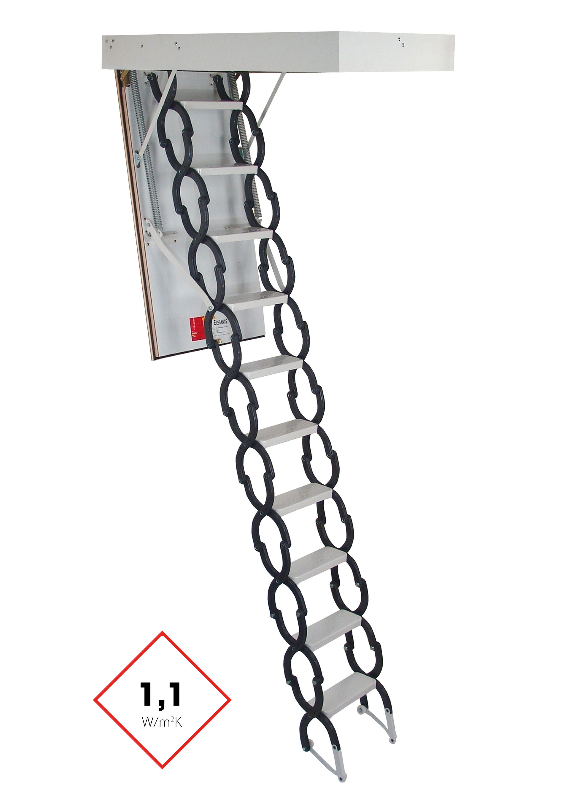 Elegance attic ladder with retractable scissor mechanism made of metal and a white hatch cover. The ladder offers a thermal insulation value of 1.1 W/m²K and combines functionality with a space-saving design.