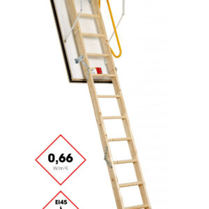 Eurofire Protect attic ladder with three-section wooden ladder, all-around wooden casing, and white hatch lid. Equipped with a yellow safety handle, EI45 fire protection certification, and 0.66 W/m²K thermal insulation.