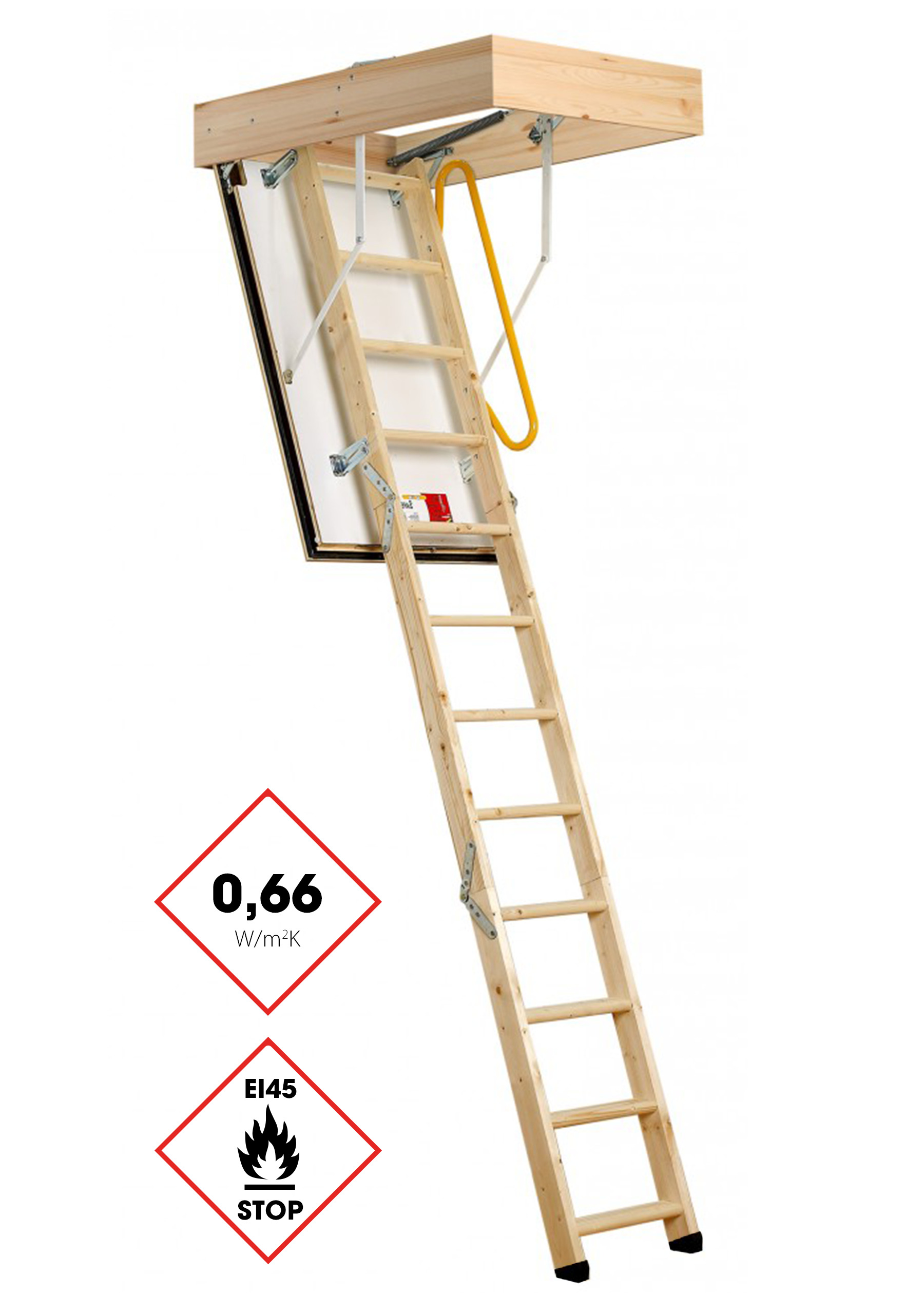 Eurofire Protect attic ladder with three-section wooden ladder, all-around wooden casing, and white hatch lid. Equipped with a yellow safety handle, EI45 fire protection certification, and 0.66 W/m²K thermal insulation.