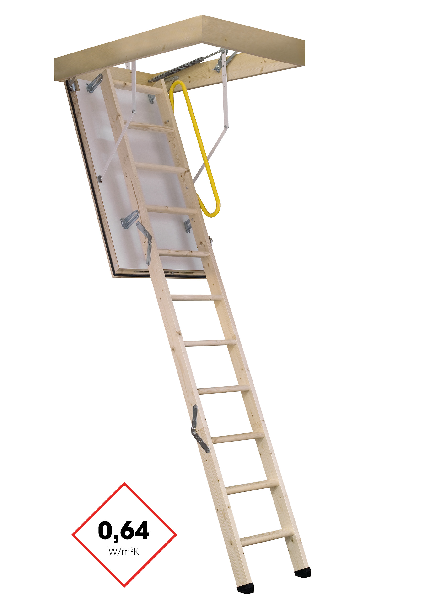 Attic staircase Polar 60 with insulated white trapdoor, three-part wooden ladder, and surrounding wooden hatch box. Visible are the yellow safety handle and the thermal insulation value of 0.64 W/m²K.