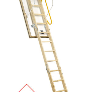 Loft ladder Polar Extrem with thermally insulated white hatch, 3-section wooden ladder, and sturdy wooden hatch box. The ladder features a thermal insulation value of 0.59 W/m²K, a yellow safety handrail, and durable metal fittings.
