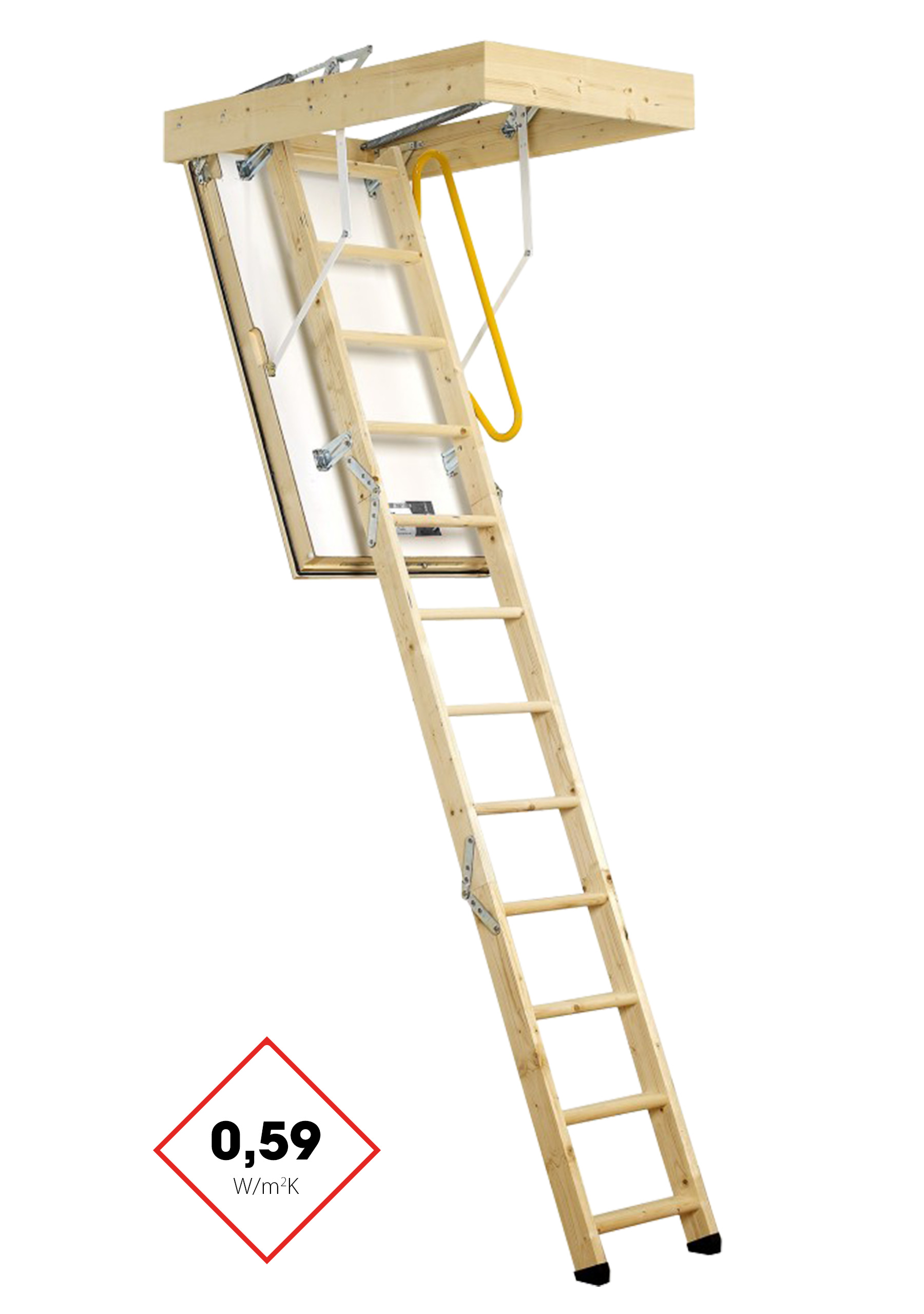 Loft ladder Polar Extrem with thermally insulated white hatch, 3-section wooden ladder, and sturdy wooden hatch box. The ladder features a thermal insulation value of 0.59 W/m²K, a yellow safety handrail, and durable metal fittings.