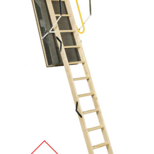 Loft ladder Polar Top with dark grey insulated hatch, 3-part wooden ladder, and surrounding wooden hatch box. The ladder provides thermal insulation of 0.40 W/m²K and features a yellow safety handrail and white metal support bars for added stability.