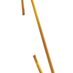 Yellow safety handrail for attic ladders, curved metal tube with two mounting points.