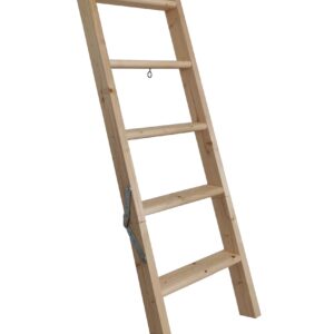 Stair extension for wooden stairs: Extension element made of light wood with five steps and a foldable hinge, designed to easily extend existing wooden attic stairs.