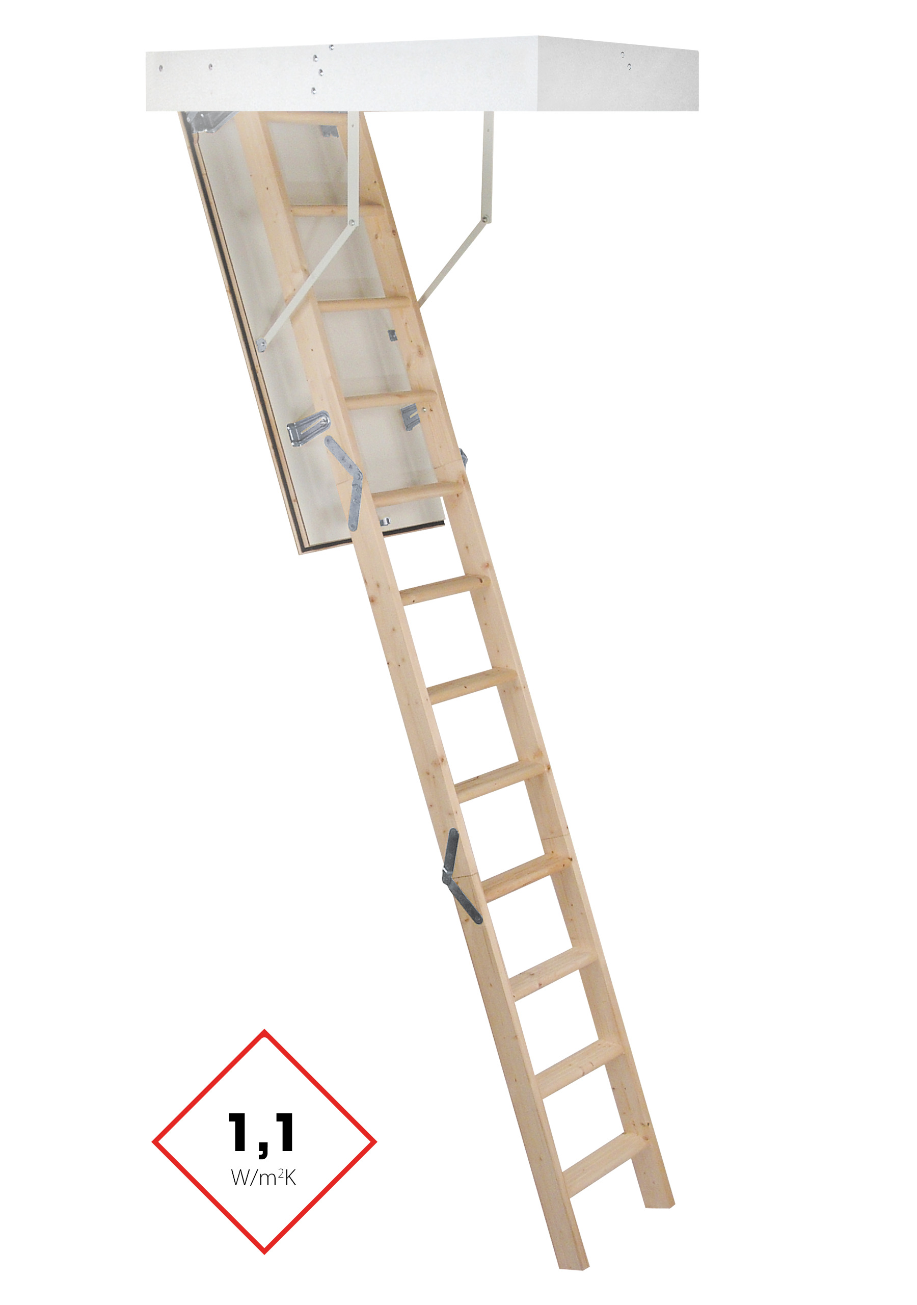 Mc Step Thermo 33 attic ladder with a straight, three-part wooden ladder, white insulated hatch cover, and surrounding casing. Thermal insulation value of 1.1 W/m²K.