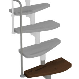 Height extension for the Monaco staircase with walnut-steps and grey metal. Shown is a detail of the additional step, the railing bars, and the handrail.