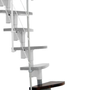 Height extension for the Nizza staircase with walnut steps and grey metal. Shown is a detail of the additional step, the railing bars, and the handrail.
