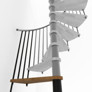 Height extension for the staircase Spiral Smart with steps in oak, black steel banister and PVC handrail. A detail of the additional step and the balusters is shown.