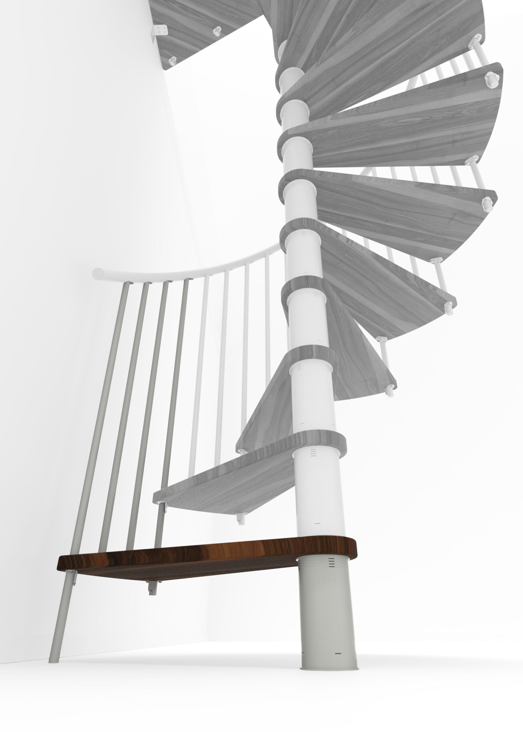 Height extension for the staircase Spiral Smart with steps in walnut stained beech, white steel banister and PVC handrail. A detail of the additional step and the balusters is shown.