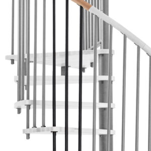 Height extension for the Spiral Wood staircase with steps in beech, black steel banister and wooden handrail. A detail of the additional step, the balusters and the handrail is shown.