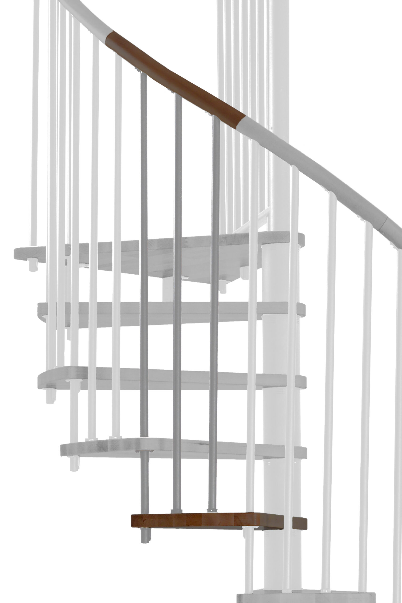 Height extension for the Spiral Wood staircase with steps in beech stained to walnut, grey steel banister and wooden handrail. A detail of the additional step, the balusters and the handrail is shown.