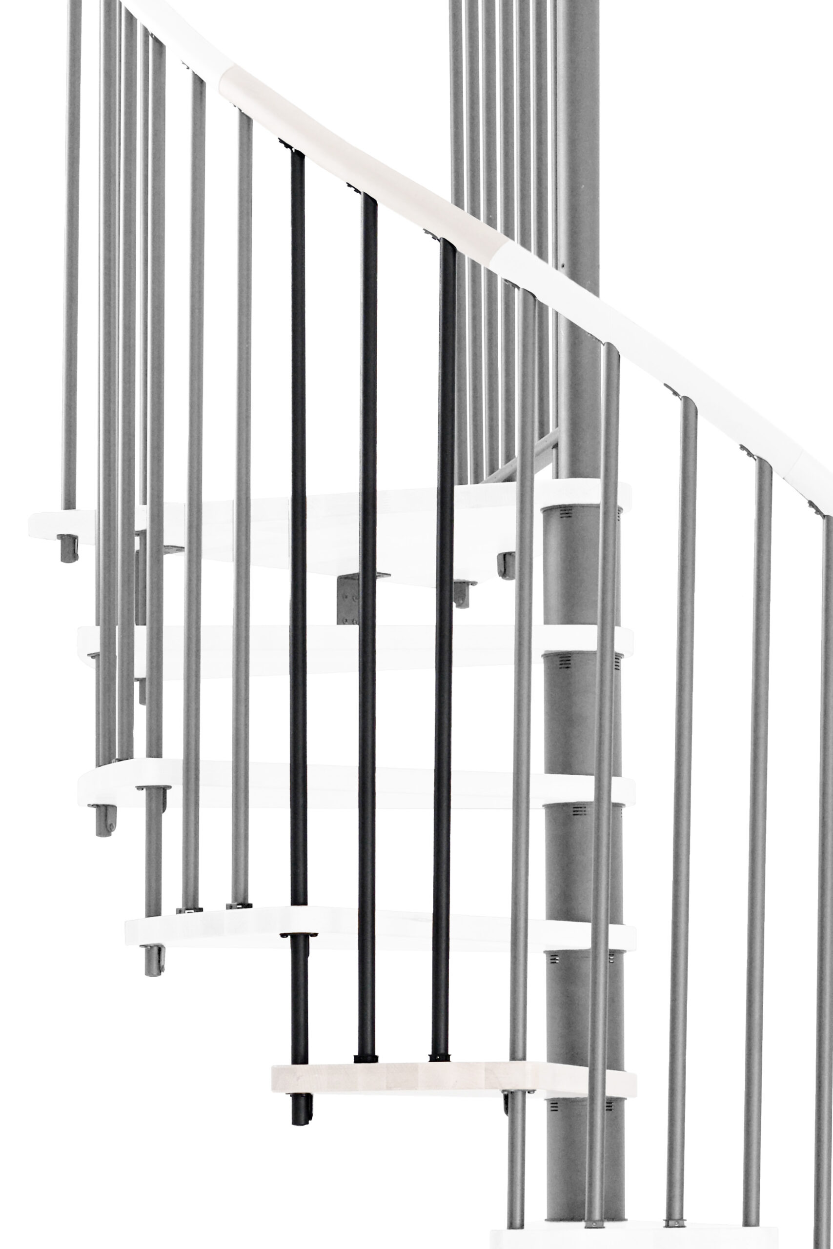 Height extension for the Spiral Wood staircase with steps in beech stained white, black steel banister and wooden handrail. A detail of the additional step, the balusters and the handrail is shown.
