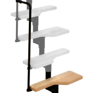 Height extension for the Twister staircase with beech steps and black metal. Shown is a detail of the additional step, the railing bars, and the handrail.
