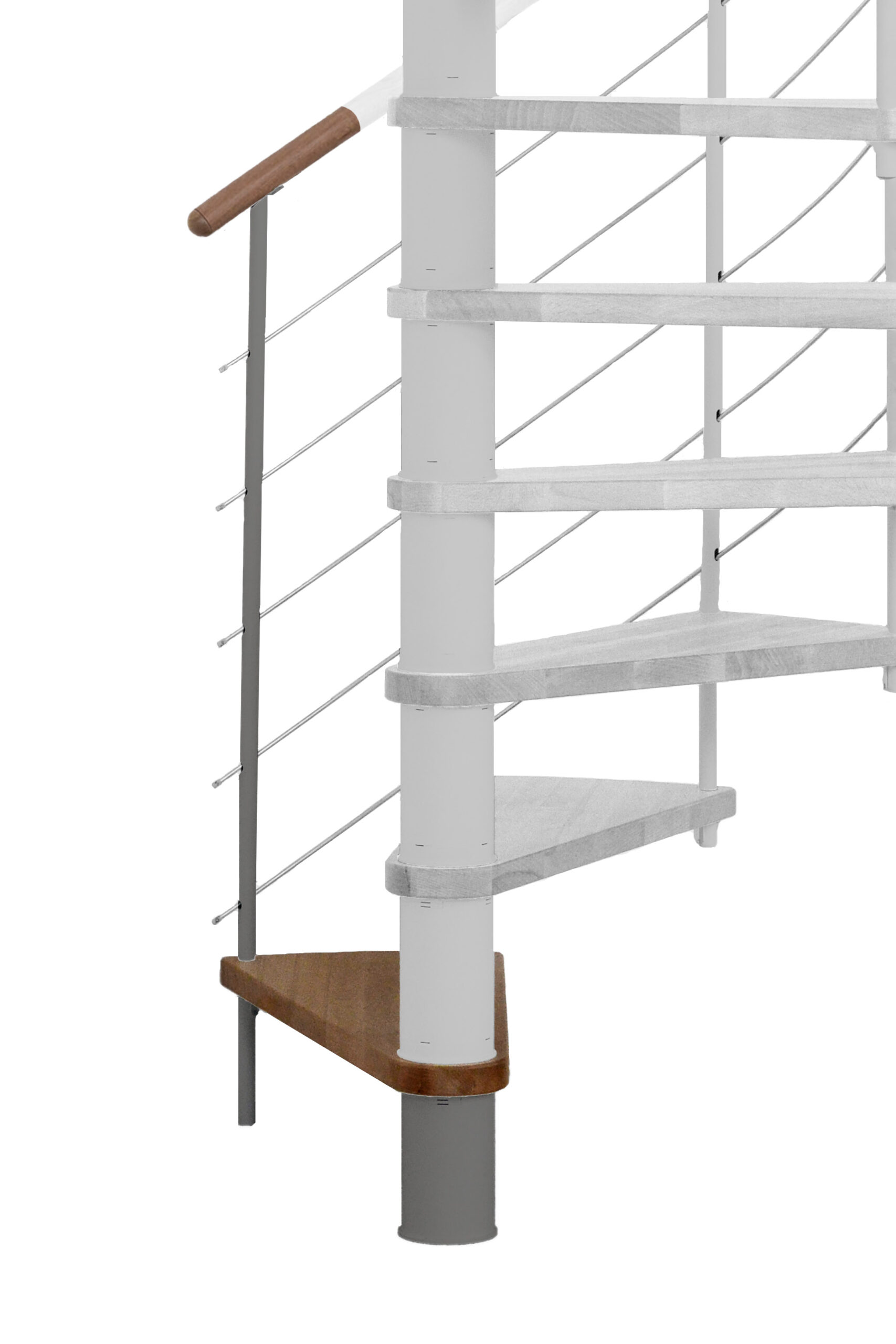 Height extension for the spiral staircase Venezia with steps in beech and grey metal. Shown is a detail of the additional step, the balusters and the wooden handrail.