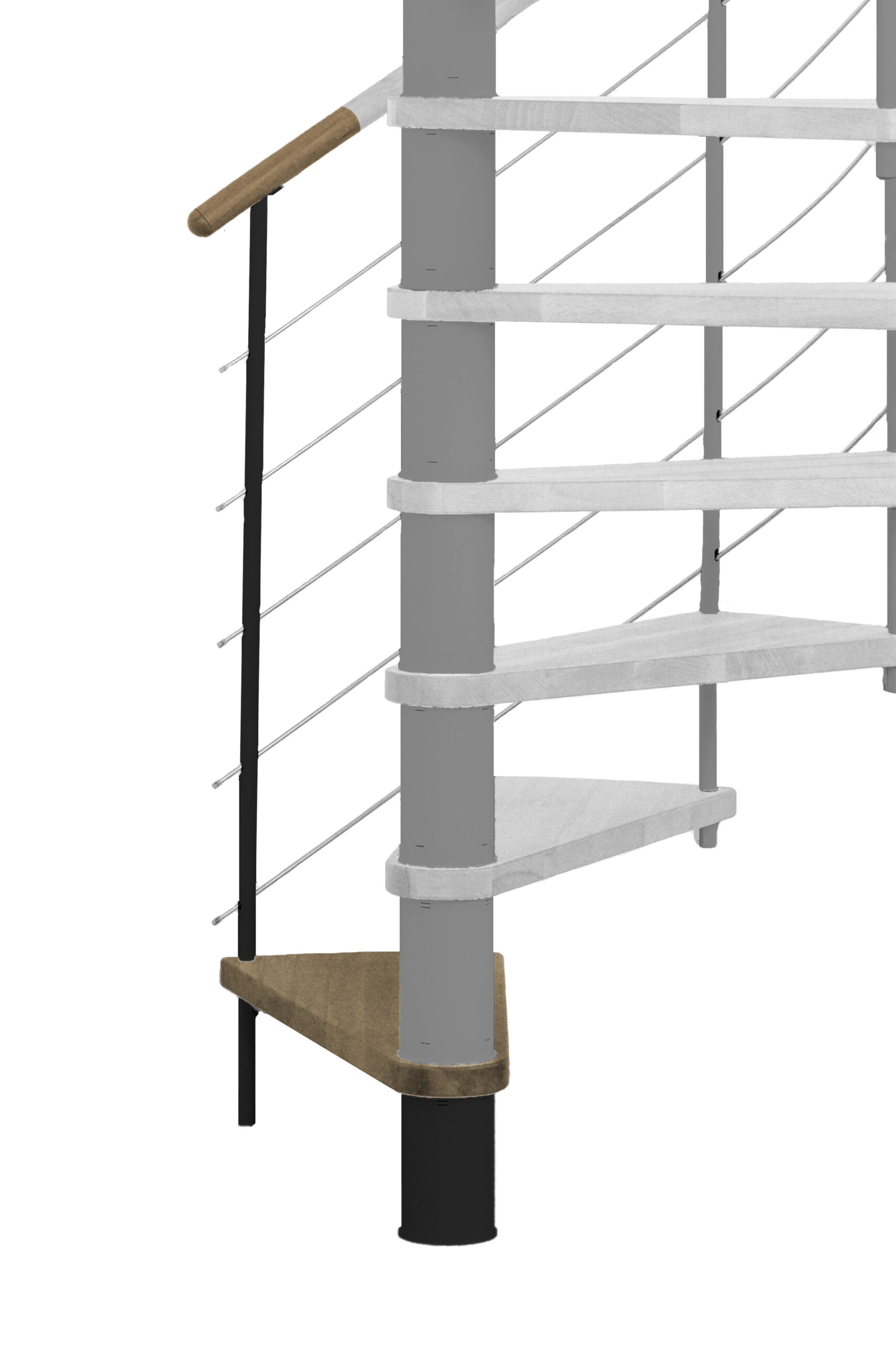 Height extension for the spiral staircase Venezia with steps in oak and black metal. Shown is a detail of the additional step, the balusters and the wooden handrail.