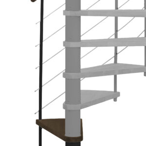Height extension for the spiral staircase Venezia with steps in beech stained to walnut and black metal. Shown is a detail of the additional step, the balusters and the wooden handrail.