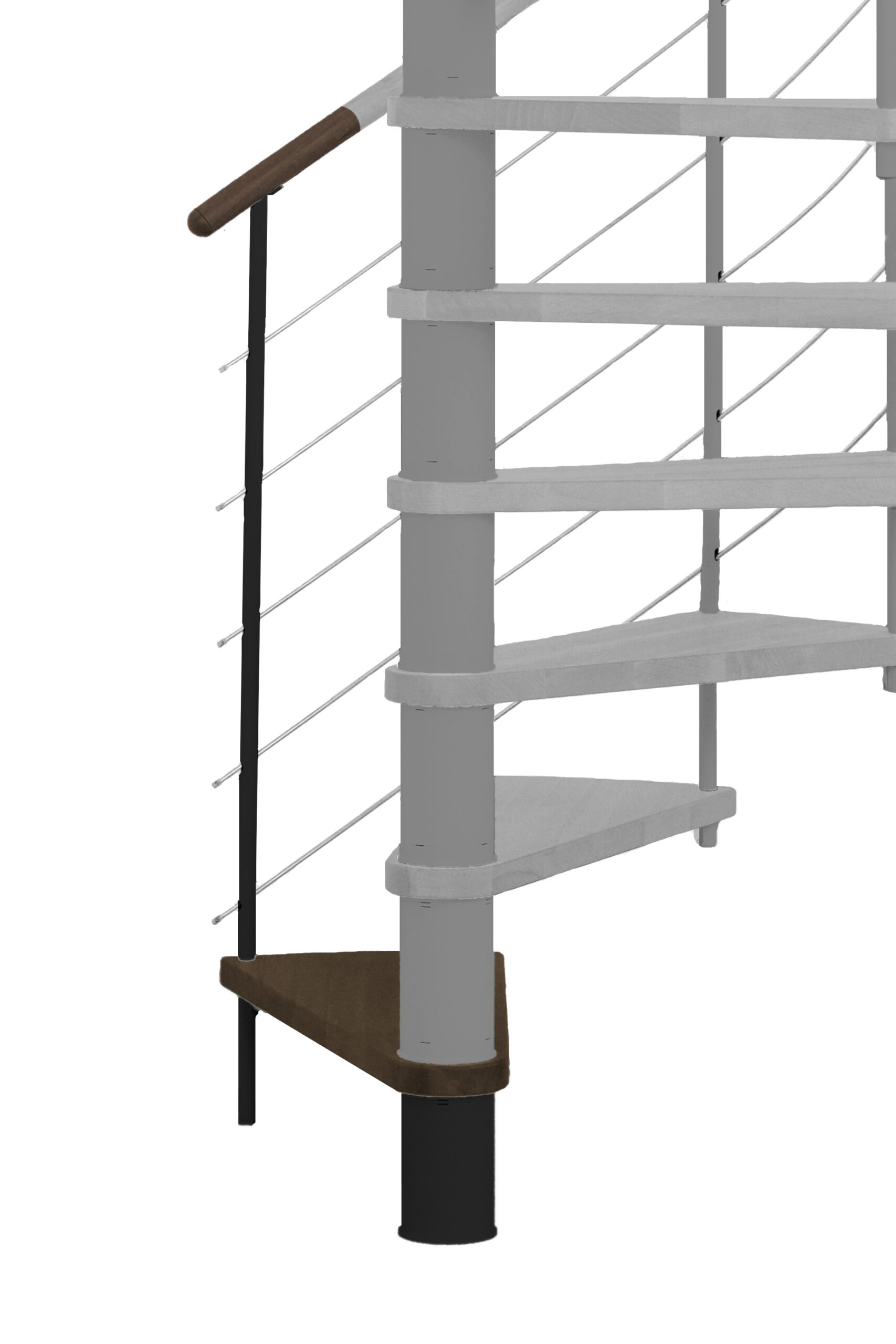 Height extension for the spiral staircase Venezia with steps in beech stained to walnut and black metal. Shown is a detail of the additional step, the balusters and the wooden handrail.