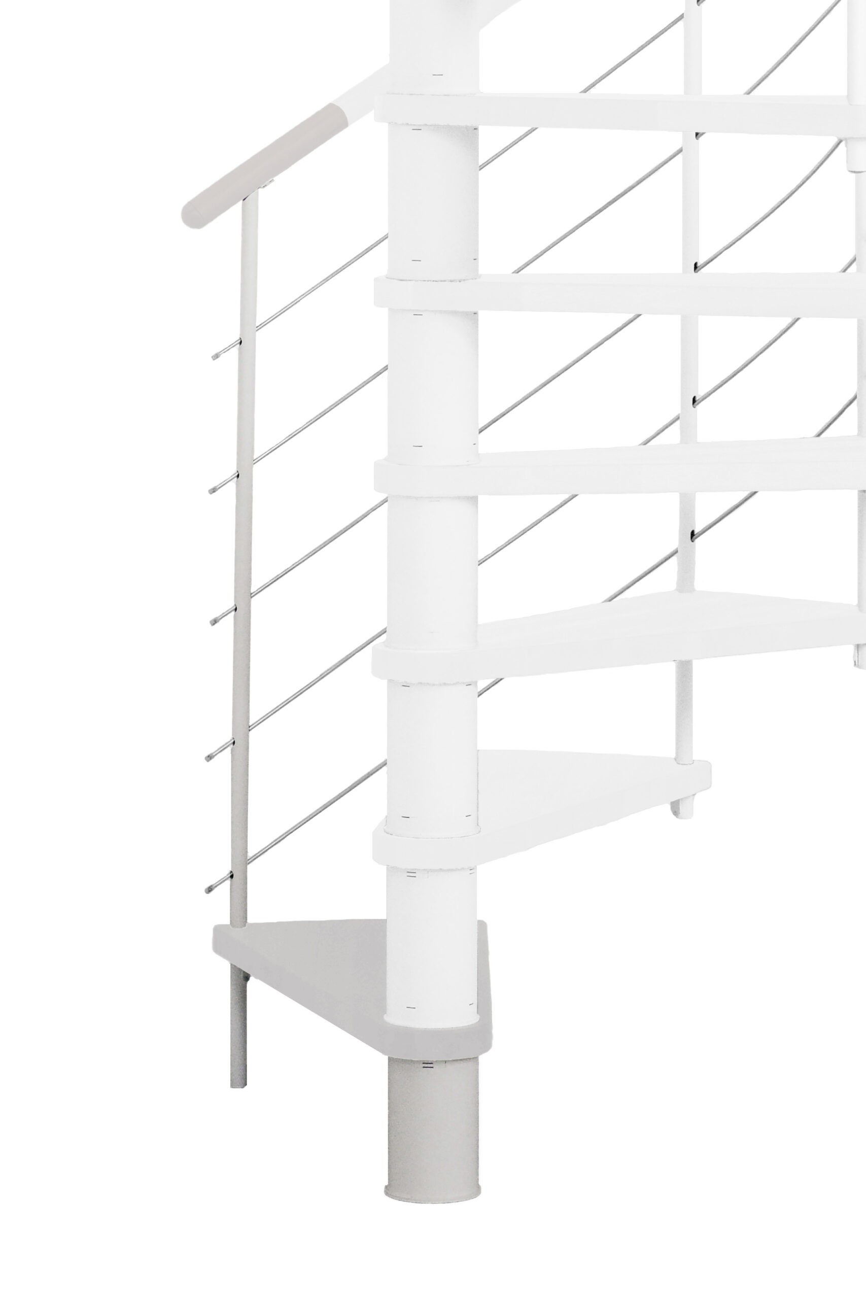 Height extension for the spiral staircase Venezia with steps in beech stained white and white metal. Shown is a detail of the additional step, the balusters and the wooden handrail.