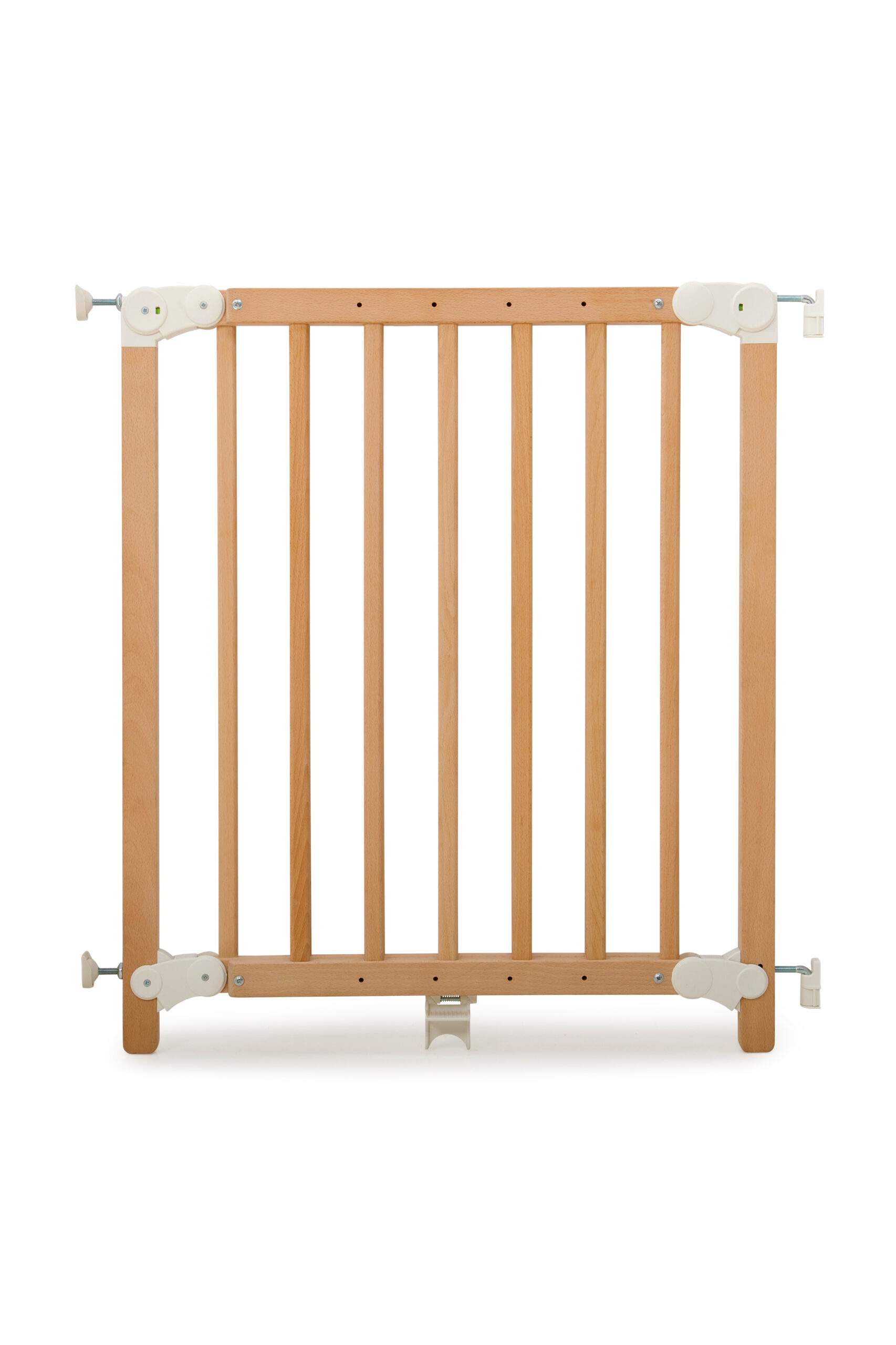 "Annika" child safety gate made of wood with vertical slats and white plastic mounting components. Designed for installation between two walls to provide safety for toddlers.