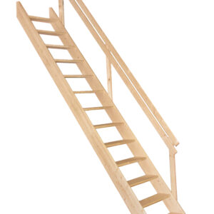 Boras space-saving staircase in spruce with a straight design, open treads, and a simple wooden railing on one side.