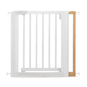 Extension for Britt child safety gate, mounted on one side. The natural wood extension is attached to the right side of the otherwise white safety gate, allowing adjustment for wider doorways.