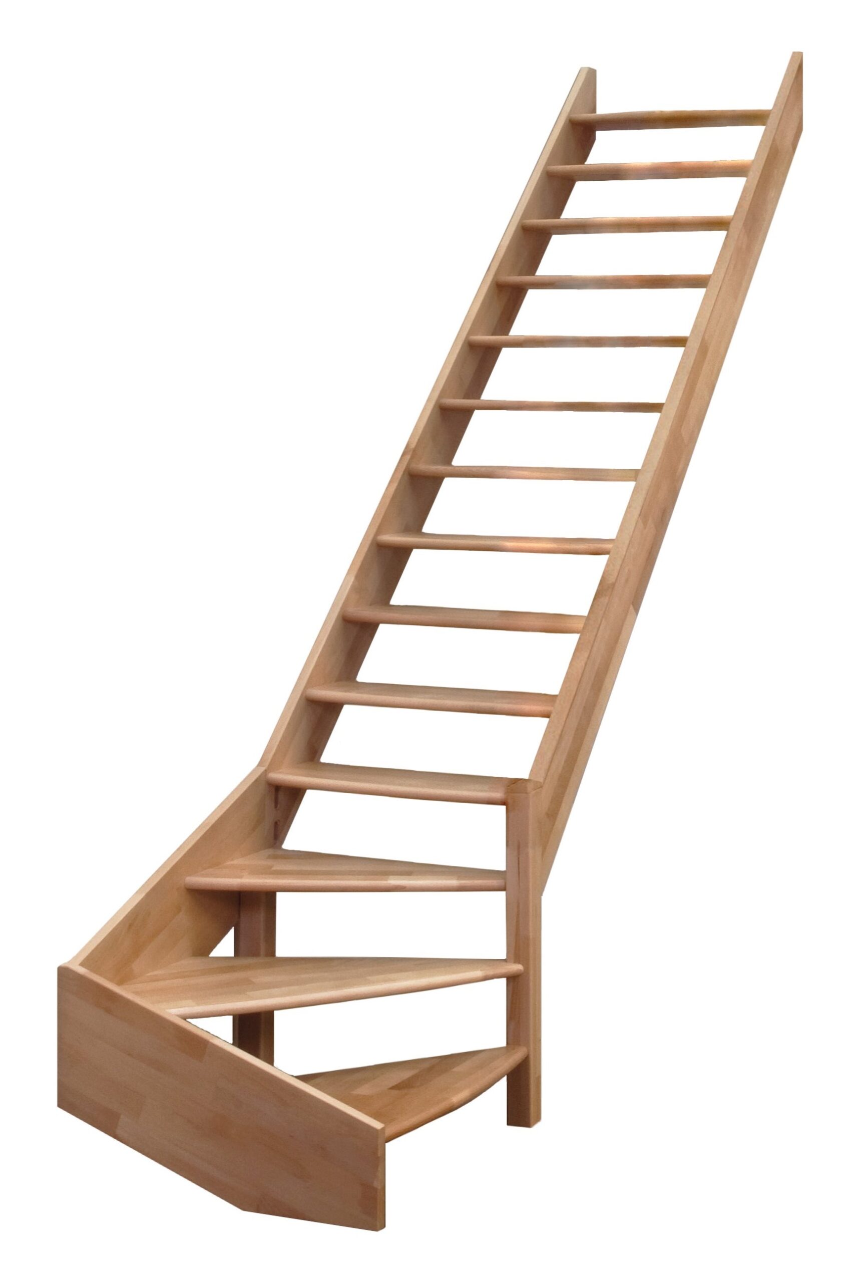 A classic stringer staircase without railing, made of beech wood with open steps. The lower part of the staircase has a quarter-turn to the right.