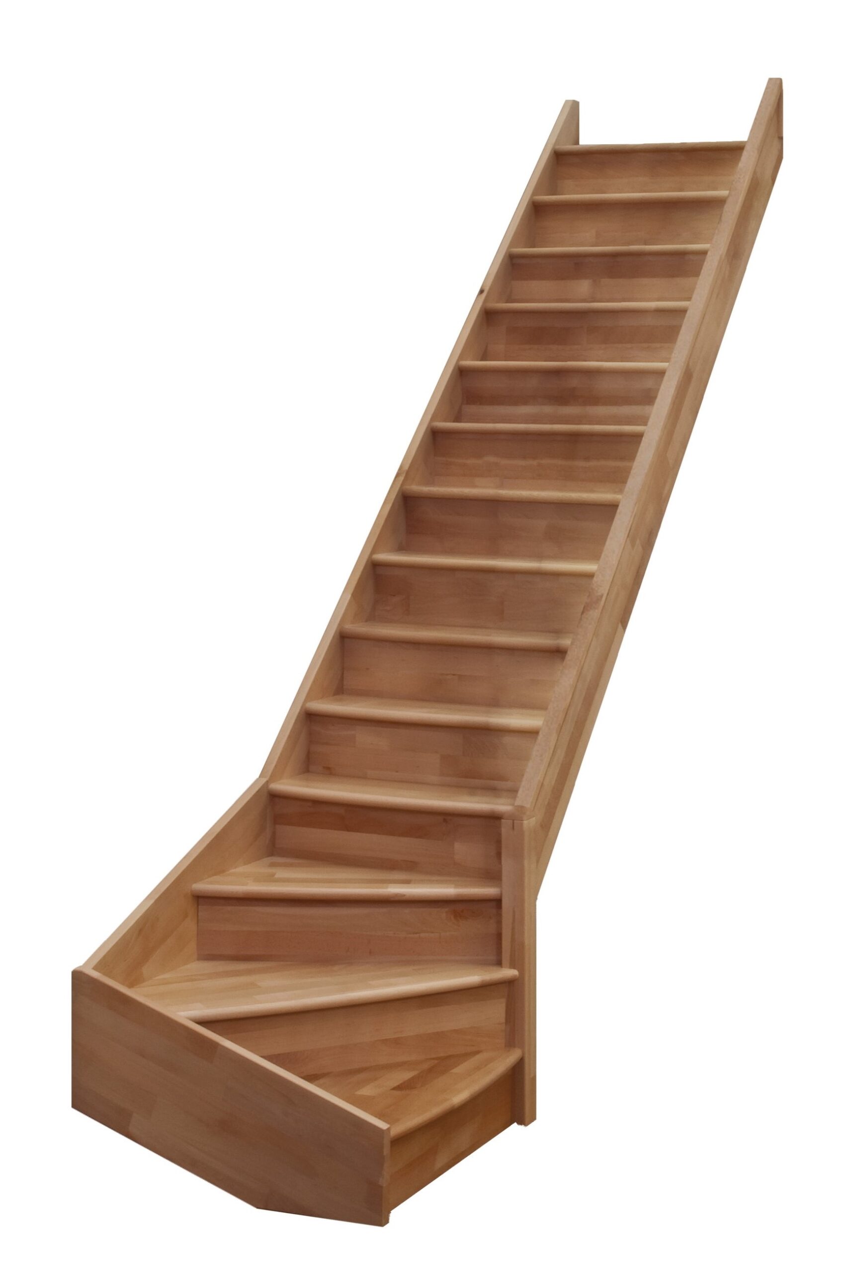 A stringer staircase with risers made of beech, without a railing. The lower part of the staircase has a quarter-turn to the right.