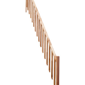 A wooden railing made of beech with vertical balusters and a continuous handrail. It serves as fall protection and provides support on Home and Classic staircases.