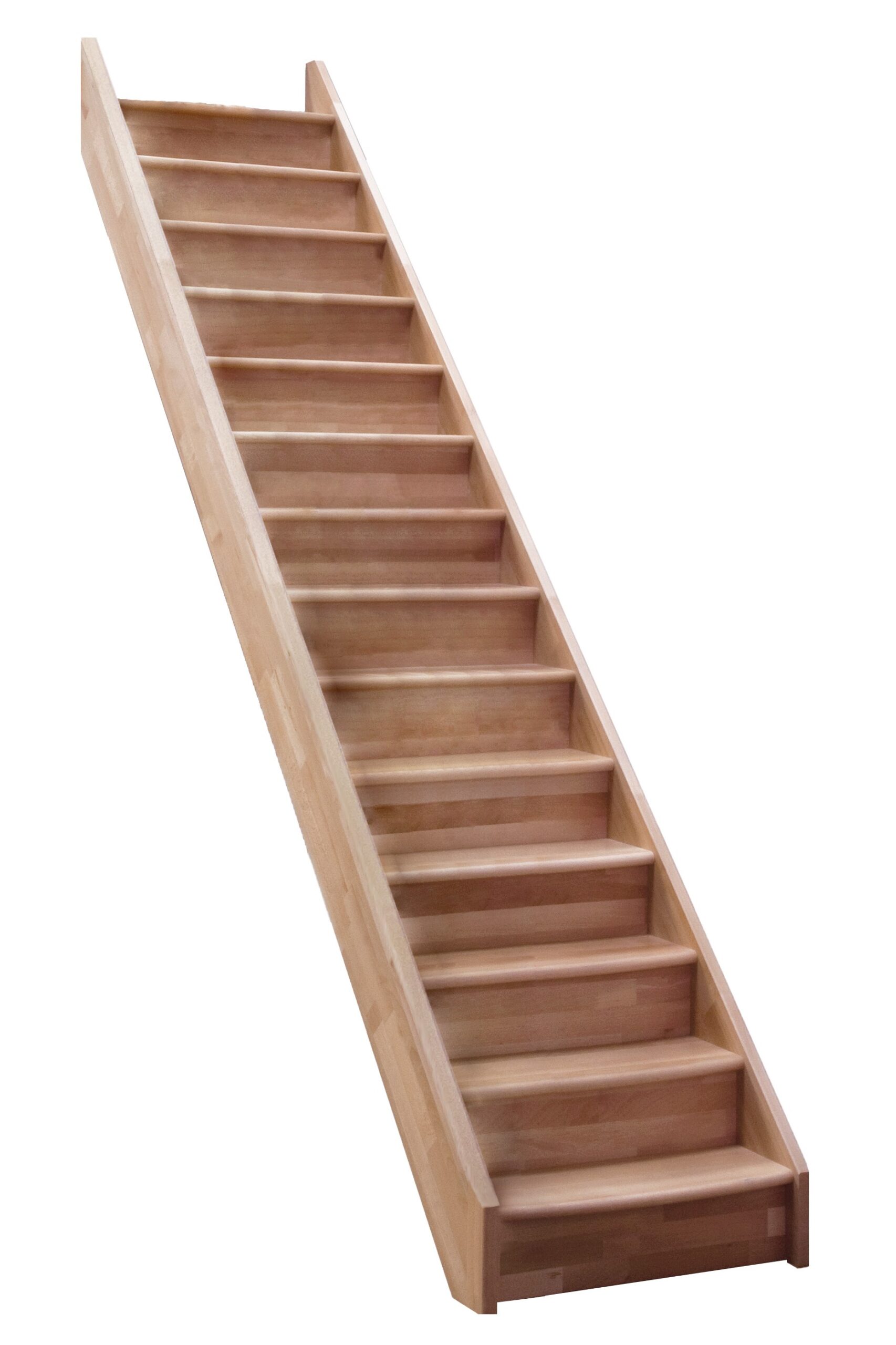 A stringer staircase with risers made of beech, without a railing.