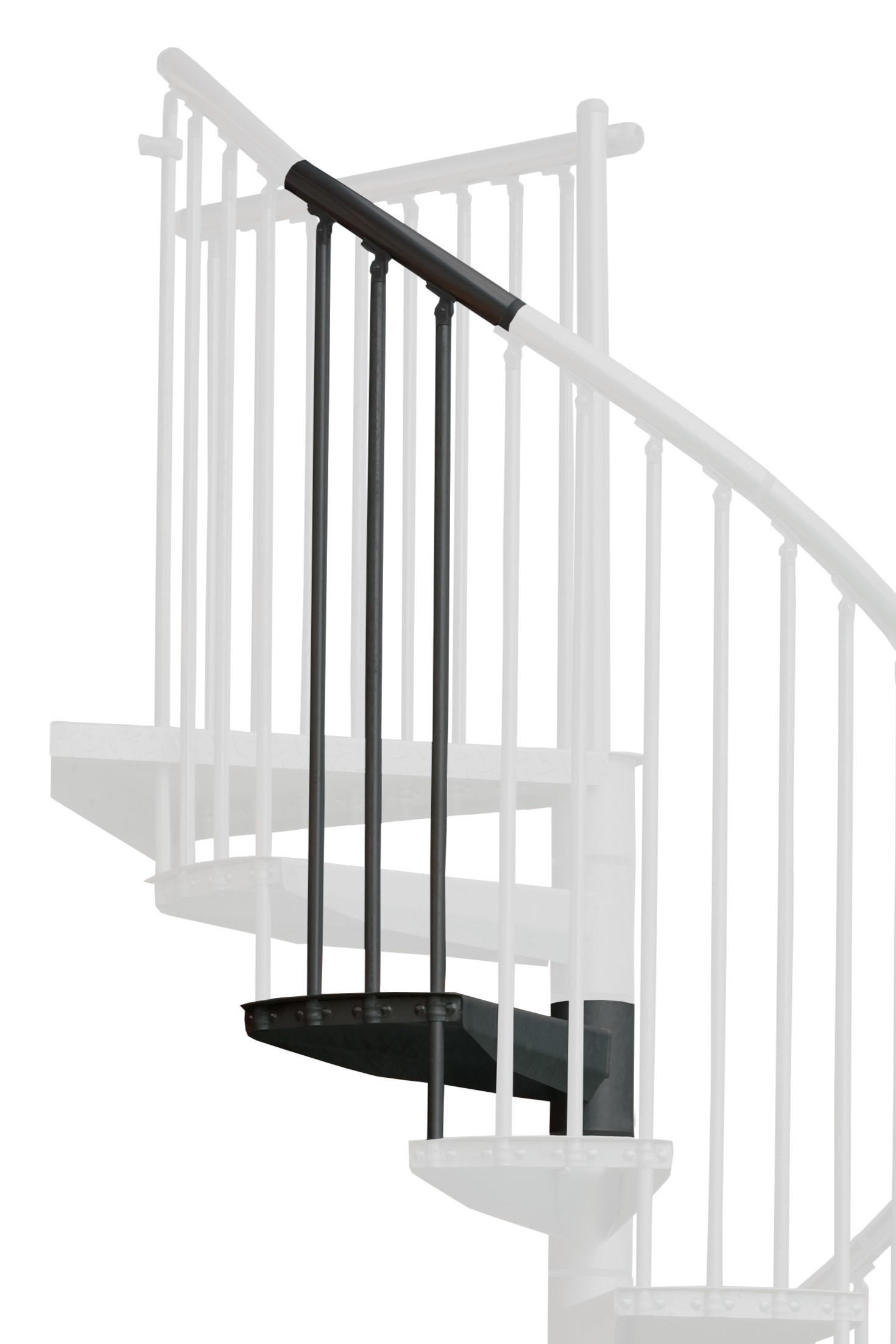 Height extension for the Rondo Color staircase with steel treads, steel banisters and aluminium handrail, powder-coated in anthracite. A detail of the additional step, the balusters and the handrail is shown.
