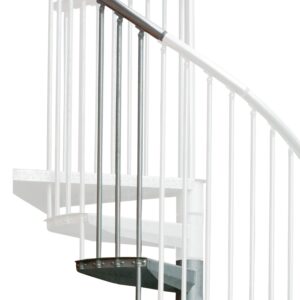 Height extension for the Rondo Zink Plus staircase made of galvanised metal. A detail of the additional step, the balusters and the aluminium handrail is shown.