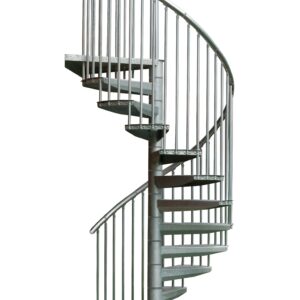 External staircase Rondo Zink Plus with galvanised steel treads and galvanised metal balustrade with vertical bars and aluminium handrail.