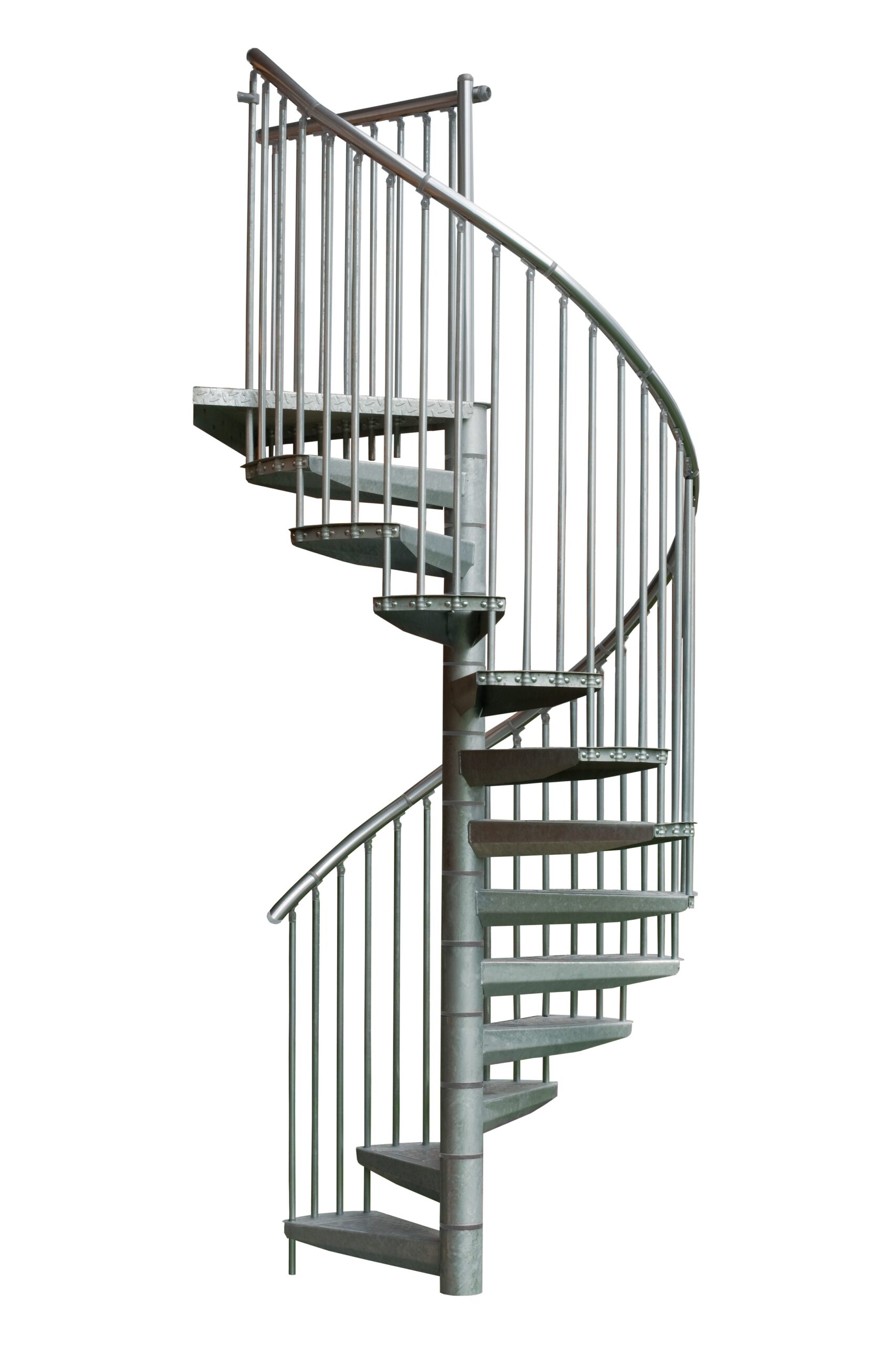 External staircase Rondo Zink Plus with galvanised steel treads and galvanised metal balustrade with vertical bars and aluminium handrail.