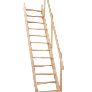 Softline space-saving staircase made of spruce with a straight design, ergonomically shaped steps, and a wooden railing on one side.