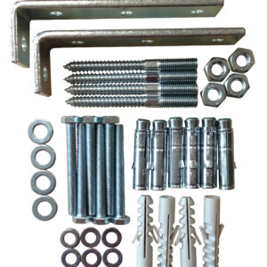 Mounting kit for the Sun Step outdoor staircase. The set includes metal brackets, screws, plugs, nuts, and washers. Designed for secure installation of the Sun Step staircase on walls or floors in outdoor areas.