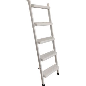 Stair extension for metal stairs: White metal extension with five non-slip steps and rubber feet, designed to extend existing attic stairs made of metal.