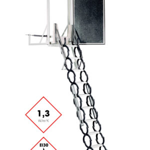 Custom attic ladder Type 102M with black insulated hatch door and metal scissor stair system. The ladder provides thermal insulation of 1.3 W/m²K and features EI30 fire protection certification. The vertical structure is ideal for tight installation spaces.